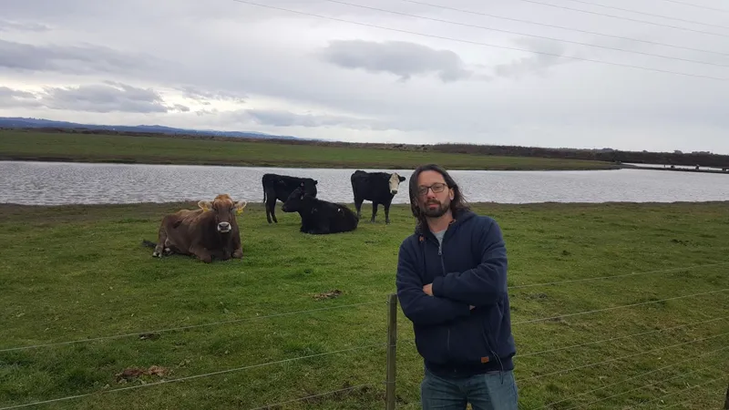 A man with long hair, a beard and glasses stands arms folded at a wire fence, cows lying in a green field behind him and water beyond